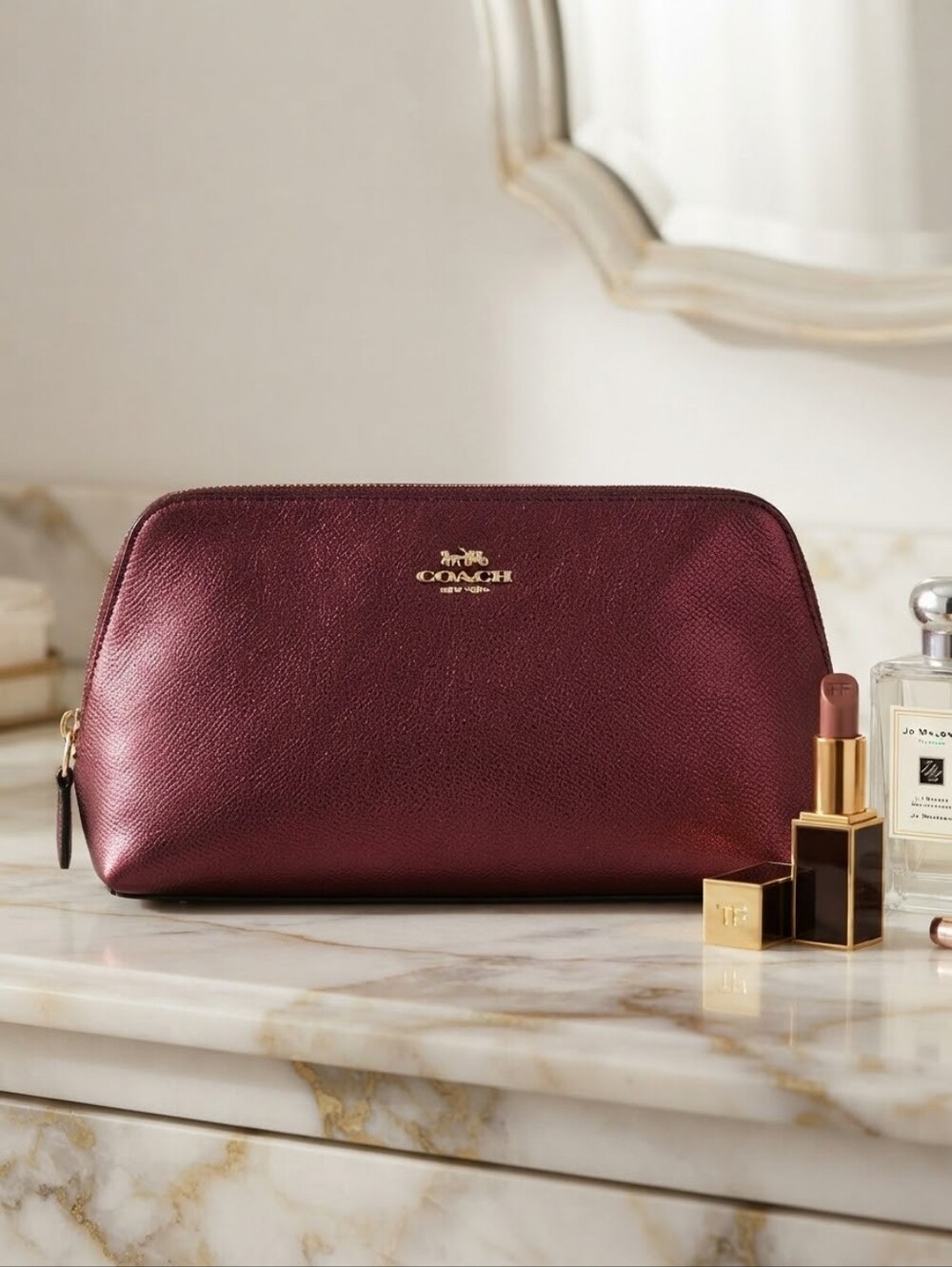 Coach Metallic Plum Cherry Leather Cosmetic Case 17 Makeup Pouch F53387 CC